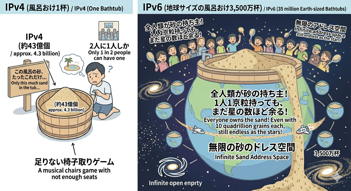 IPv4とIPv6の砂粒比喩イラスト